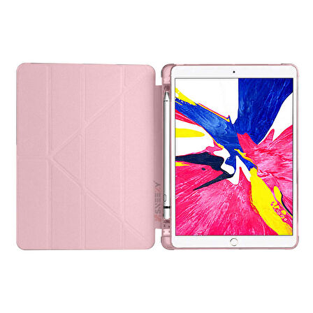 Apple iPad 7.Nesil 10.2 İnç 2019 Uyumlu Üçgen Katlanabilir Kalemlikli Standlı Akıllı Kılıf