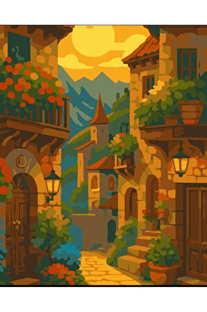 Sayılarla Boyama Seti 40x50 Cm (Çıtalı) Fırça Boya Dahil Numaralı Tuval Renkli Binalar