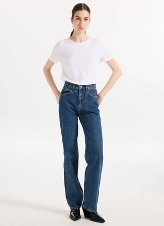 2Wins Yüksek Bel Bootcut Paça Düz Mavi Kadın Denim Pantolon Ma Cherie