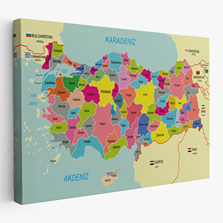 Harita Sepeti Türkiye Haritası Kanvas Tablo Sınır Komşulu Eğitici Dekoratif Tablo 3080