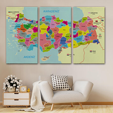 Harita Sepeti Türkiye Haritası Kanvas Tablo Sınır Komşulu Eğitici Dekoratif Tablo 3080
