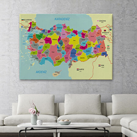 Harita Sepeti Türkiye Haritası Kanvas Tablo Sınır Komşulu Eğitici Dekoratif Tablo 3080