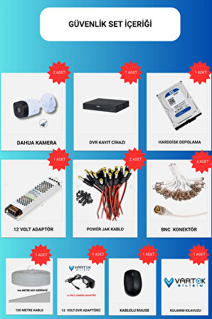 2 Kameralı 250GB Harddiskli 30m Gece Görüşlü Full HD Güvenlik Kamera Seti