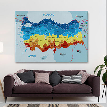 Harita Sepeti Türkiye Haritası Kanvas Tablo Sınır Komşulu Eğitici Dekoratif Tablo 3082