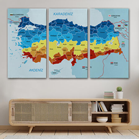 Harita Sepeti Türkiye Haritası Kanvas Tablo Sınır Komşulu Eğitici Dekoratif Tablo 3082