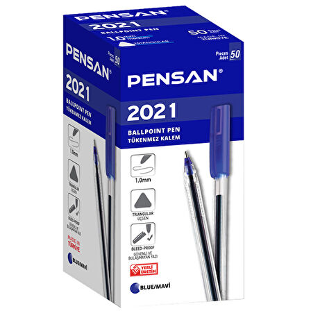 Pensan Tükenmez Kalem (50 Lİ ) Üçgen Gövdeli Şeffaf Mavi  2021