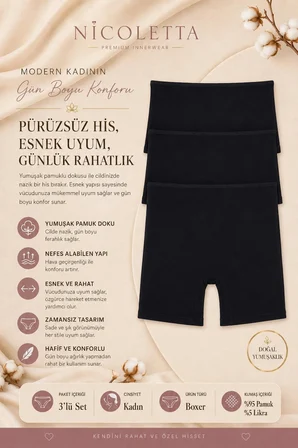 Kadın Paçalı Külot Pamuklu Şort Boxer 3 lü Paket SİYAH