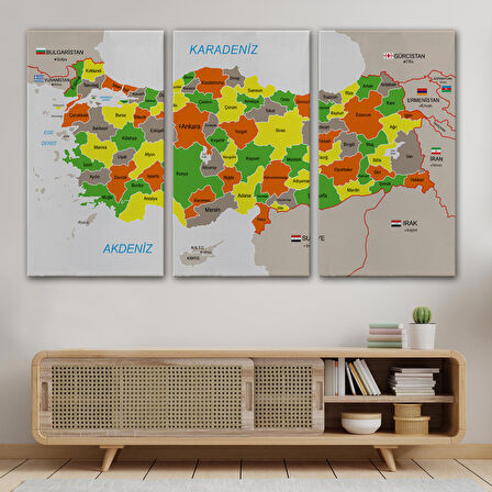 Harita Sepeti Türkiye Haritası Kanvas Tablo Sınır Komşulu Eğitici Dekoratif Tablo 3083