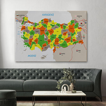 Harita Sepeti Türkiye Haritası Kanvas Tablo Sınır Komşulu Eğitici Dekoratif Tablo 3083