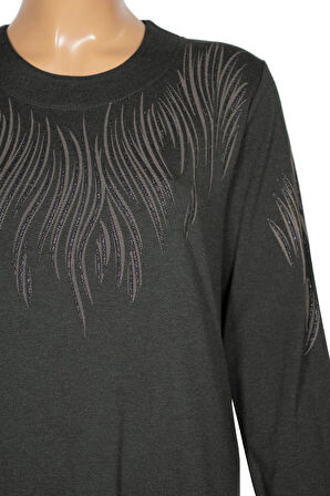 Hesna Kadın Elvan Kışlık Büyük Beden Boydan Baskılı Haki Elbise