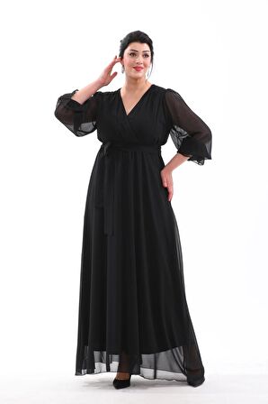 ABİYE KRUVAZE YAKA KOL UÇLARI LASTİKLİ UZUN BOY BÜYÜK BEDEN ABİYE ELBİSE 3085