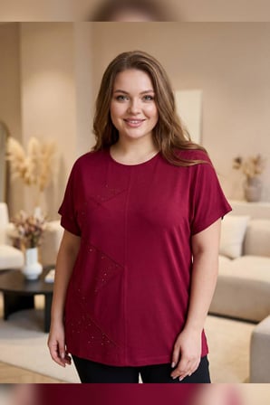 Wearon Kadın Pınar Kare Nervürlü Taşlı Bordo Tişört