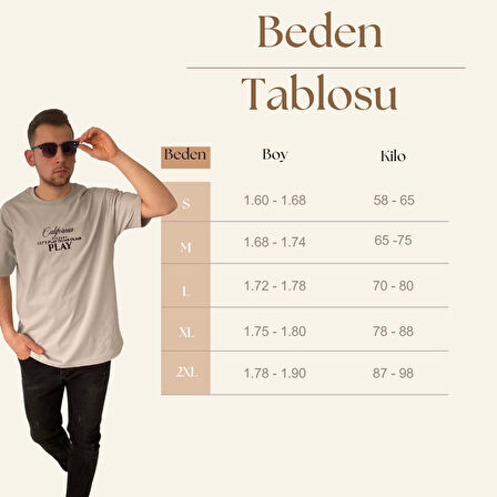 Erkek Tişört Baskılı Bisiklet Yaka Oversize Bej Comfort T-shirt Erkek Tshirt