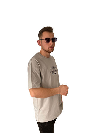 Erkek Tişört Baskılı Bisiklet Yaka Oversize Bej Comfort T-shirt Erkek Tshirt