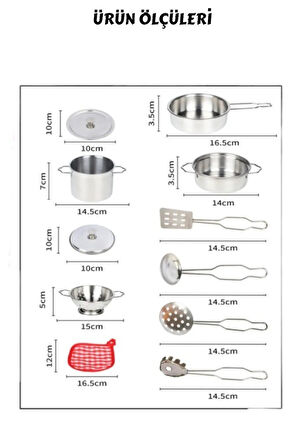 11 Parça Paslanmaz Çelik Mutfak Seti – Minik Şefler İçin Gerçekçi Tencere ve Tava Seti
