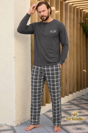 Aydoğan Erkek Pijama Takımı %100 Pamuk Süprem Patlı Yaka Uzun Kol Koyu Gri Tuna 260537