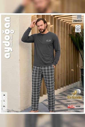 Aydoğan Erkek Pijama Takımı %100 Pamuk Süprem Patlı Yaka Uzun Kol Koyu Gri Tuna 260537