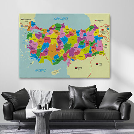 Harita Sepeti Türkiye Haritası Kanvas Tablo Sınır Komşulu Eğitici Dekoratif Tablo 3085