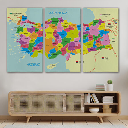 Harita Sepeti Türkiye Haritası Kanvas Tablo Sınır Komşulu Eğitici Dekoratif Tablo 3085