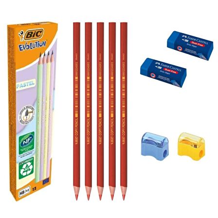 Bic Evolution Pastel Kurşun Kalem 12 Li+ Kırmızı Kopya Kalemi 5 Li +Sınav Silgisi 2 Li+Kalemtraş 2 Li