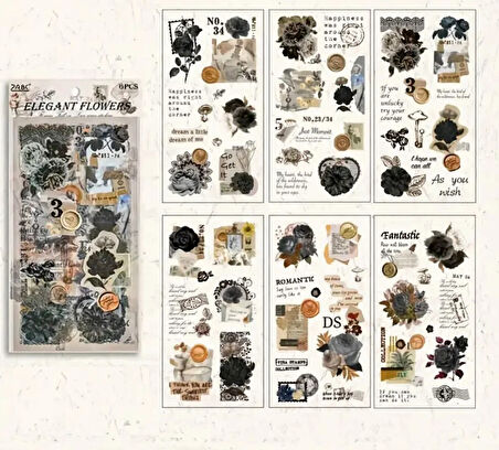 Vintage Sticker Stiker Çıkartma Etiket 6'lı Set- Elegant Flowers