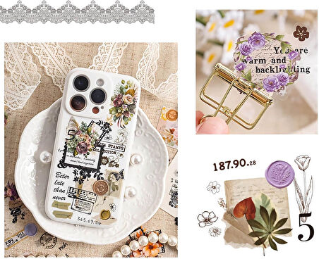 Vintage Sticker Stiker Çıkartma Etiket 6'lı Set- Elegant Flowers