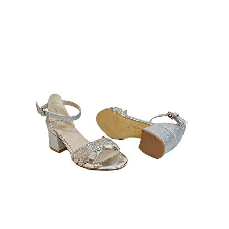 Fiyra 9052 Gümüş Simli Çapraz Üçbant Kız Çocuk Abiye Topuklu