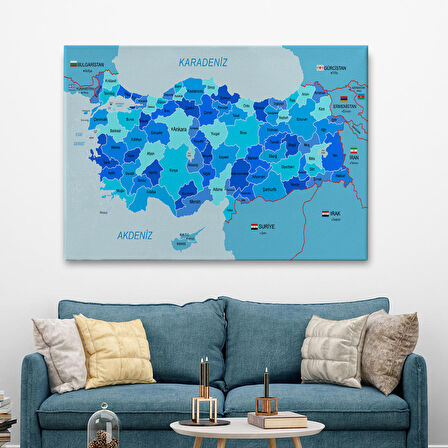 Harita Sepeti Türkiye Haritası Kanvas Tablo Sınır Komşulu Eğitici Dekoratif Tablo 3086