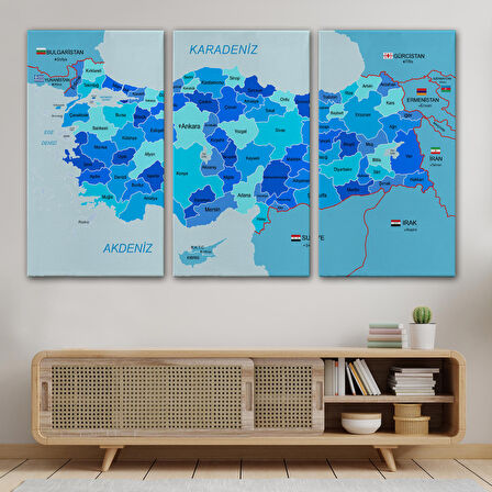 Harita Sepeti Türkiye Haritası Kanvas Tablo Sınır Komşulu Eğitici Dekoratif Tablo 3086