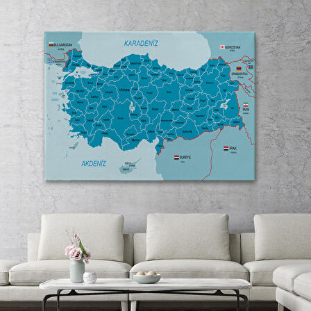 Harita Sepeti Türkiye Haritası Kanvas Tablo Sınır Komşulu Eğitici Dekoratif Tablo 3087