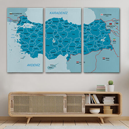 Harita Sepeti Türkiye Haritası Kanvas Tablo Sınır Komşulu Eğitici Dekoratif Tablo 3087