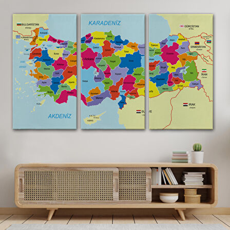 Harita Sepeti Türkiye Haritası Kanvas Tablo Sınır Komşulu Eğitici Dekoratif Tablo 3089