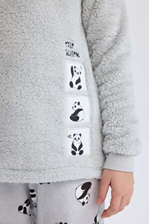 DeFacto Kız Çocuk Pelüş Pijama Takımı Bisiklet Yaka Baskılı Uzun Kollu Üst Beli Lastikli Uzun Alt B1487A824AUGR91