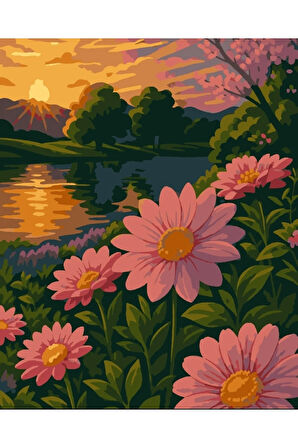 Sayılarla Boyama Seti 40x50 Cm (Çıtalı) Fırça Boya Dahil Numaralı Tuval Pembe Çiçekler