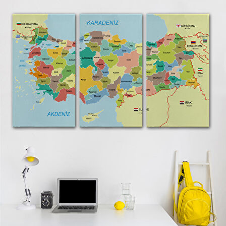 Harita Sepeti Türkiye Haritası Kanvas Tablo Sınır Komşulu Eğitici Dekoratif Tablo 3090