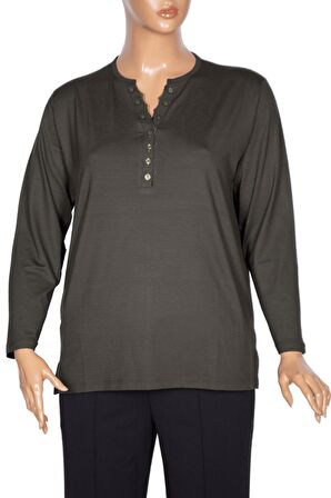 Cimariva Kadın Dicle Büyük Beden V Yaka Dantelli Haki Bluz