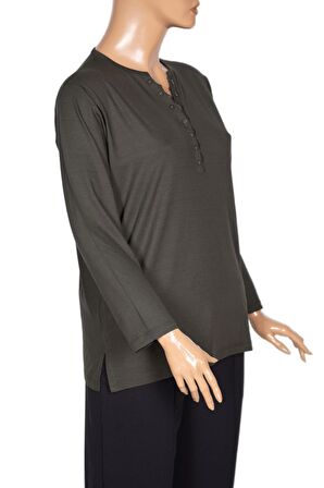 Cimariva Kadın Dicle Büyük Beden V Yaka Dantelli Haki Bluz