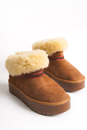 Taba Tüylü Rahat Kadın Bot Slip On Yarım Ergonomik Yumuşak Taban Bot