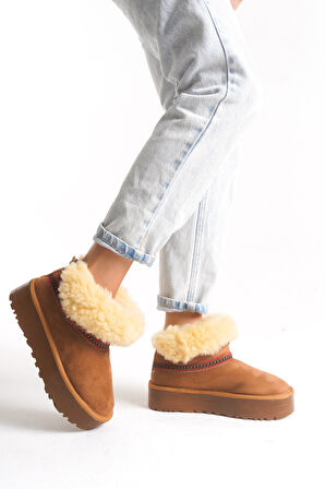 Taba Tüylü Rahat Kadın Bot Slip On Yarım Ergonomik Yumuşak Taban Bot