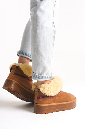 Taba Tüylü Rahat Kadın Bot Slip On Yarım Ergonomik Yumuşak Taban Bot