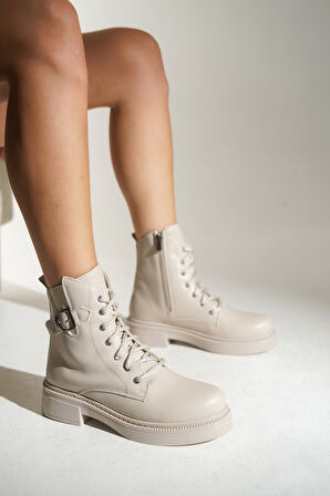 Allesia Bej Kadın Fermuarlı Rahat Bot Kayma Yapmaz Taban Bağcıklı Bot