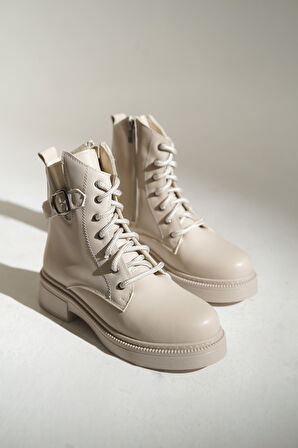 Allesia Bej Kadın Fermuarlı Rahat Bot Kayma Yapmaz Taban Bağcıklı Bot