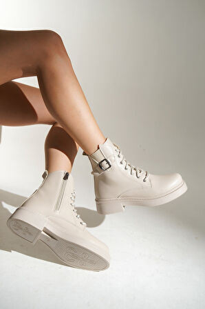 Allesia Bej Kadın Fermuarlı Rahat Bot Kayma Yapmaz Taban Bağcıklı Bot