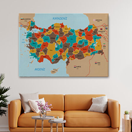 Harita Sepeti Türkiye Haritası Kanvas Tablo Sınır Komşulu Eğitici Dekoratif Tablo 3094