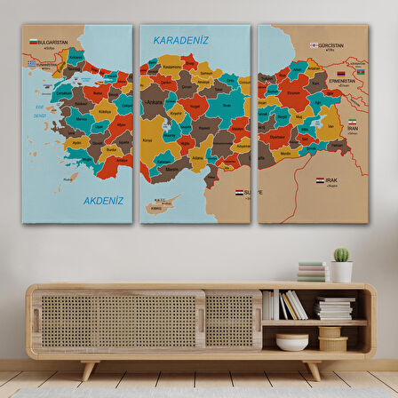 Harita Sepeti Türkiye Haritası Kanvas Tablo Sınır Komşulu Eğitici Dekoratif Tablo 3094