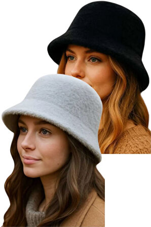 Tezzgelsin Kadın Soft Peluş Ayarlanabilir İpli Bucket Kova Şapka 2’li Set