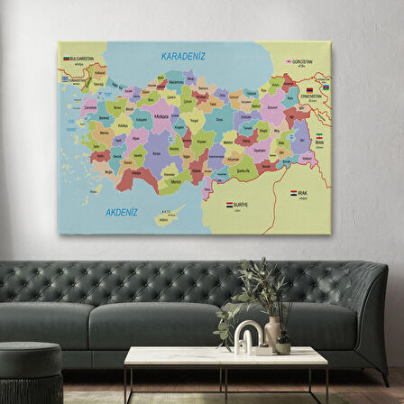 Harita Sepeti Türkiye Haritası Kanvas Tablo Sınır Komşulu Eğitici Dekoratif Tablo 3095