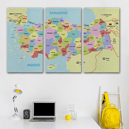 Harita Sepeti Türkiye Haritası Kanvas Tablo Sınır Komşulu Eğitici Dekoratif Tablo 3095