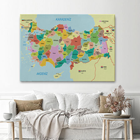 Harita Sepeti Türkiye Haritası Kanvas Tablo Sınır Komşulu Eğitici Dekoratif Tablo 3096