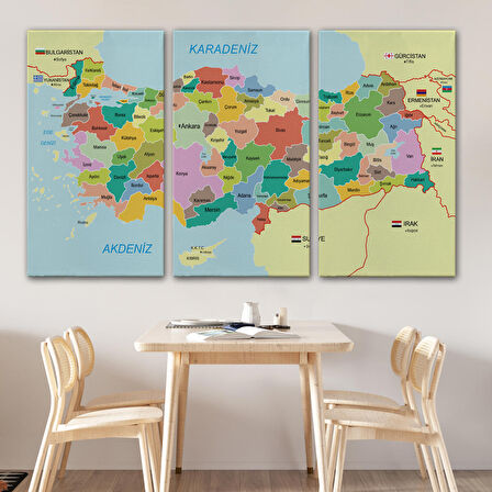 Harita Sepeti Türkiye Haritası Kanvas Tablo Sınır Komşulu Eğitici Dekoratif Tablo 3096